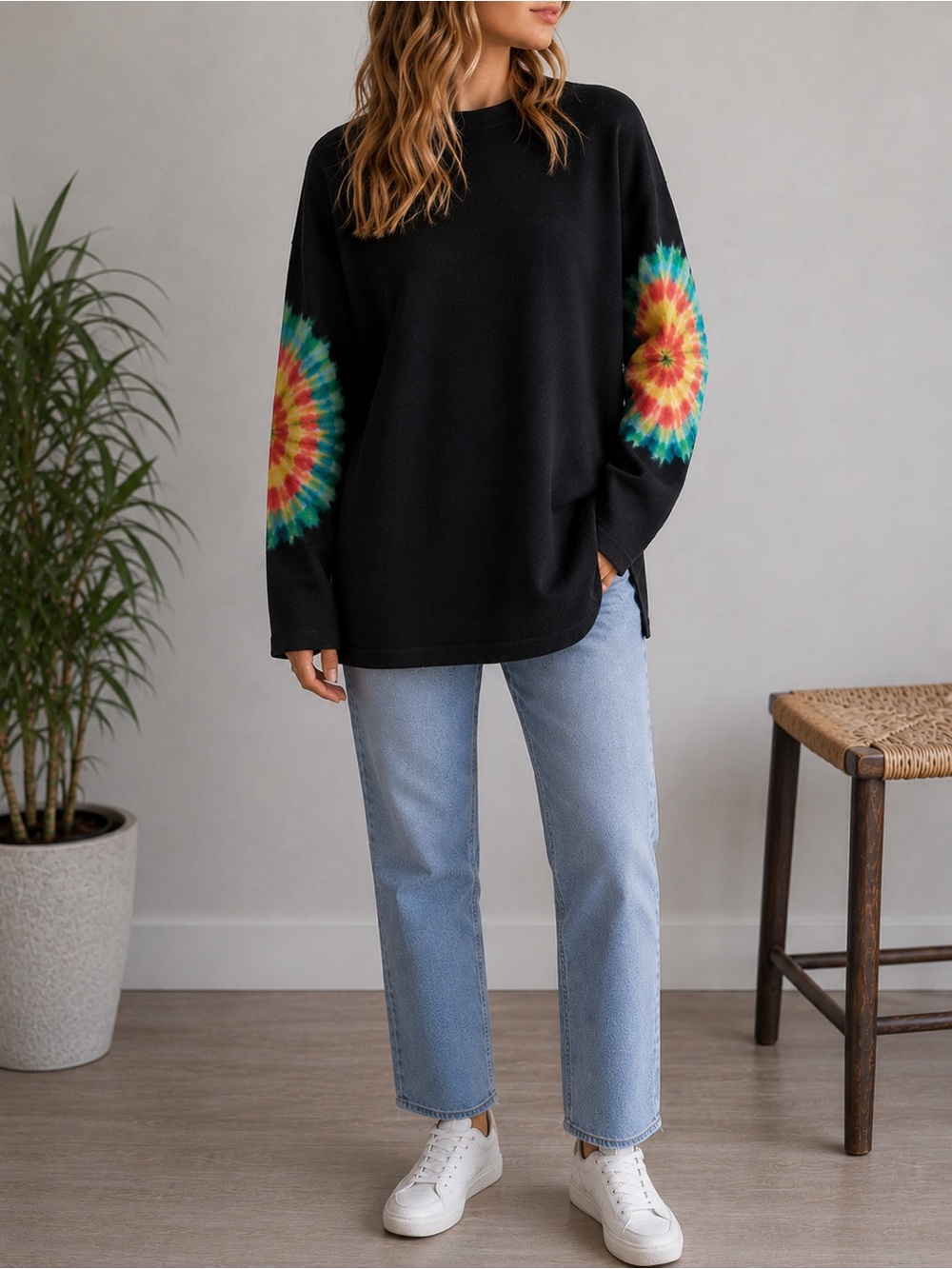 Black Sweater with Colorful Tie-Dye Elbow Accents